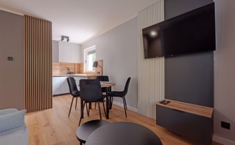 Widok części dziennej z aneksem kuchennym, stołem,